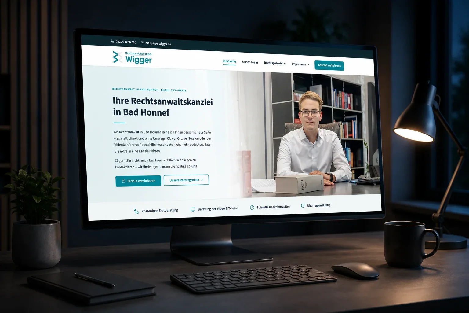 Website der Rechtsanwaltskanzlei Wigger aus Bad Honnef auf einem Monitor
